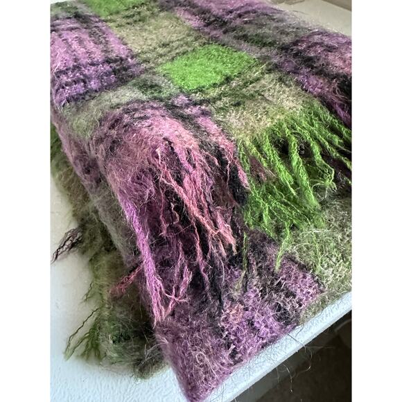 Vintage mohair blend throw blanket purple green 50x70”plaid moffat handloom - Picture 14 of 16